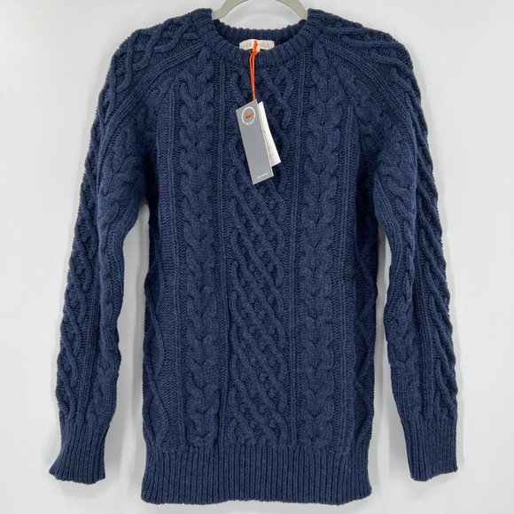 Far Afield Men's Deniz Wool Cable Knit Sweater Crew Neck Blue Graphite sz 0 XS - Picture 2 of 8